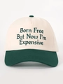 Close-up of Born Free embroidery on contrast color cotton canvas baseball cap detail - Cream/Dark Green