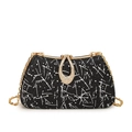 Black vintage evening bag with white abstract patterns and gold rhinestone chain - Black