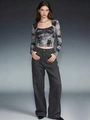 Detail of high-waisted wide-leg denim jeans with tie-dye long sleeve cropped top outfit - S / Dark Gray