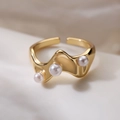 Adjustable 18K gold plated wavy ring featuring three pearls in a minimalist design - Wave Three Pearl Style (14565)