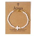 Pulsera de cuentas blancas con dije de cruz blanca y cadena dorada ajustable - Tarjeta Colgante de Cruz de Jesús