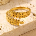 Adjustable golden olive leaf open ring with detailed plant textures for women - Wheat Ear Olive Leaf (RS0023maisui)