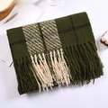 Close-up of thick plaid cashmere-like scarf with long tassels in dark green and beige - Green and Beige Plaid
