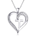 Collana con ciondolo a cuore e croce d'argento con zirconi bianchi scintillanti - Oro Bianco