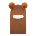 Detail of baby winter balaclava featuring brown knit texture and white fleece lining - Caramel color