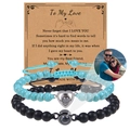 Custom photo projection bracelet set with matte black beads and turquoise stones - Turquoise & Matte Black Set (Couple Bracelet-3)