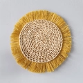 Bohemian round woven wall decor with beige center and yellow straw fringe details - Yellow Decorative Pendant (26cm)