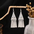 Silver vintage ethnic earrings with peacock leaf tassels hanging on a wood branch - Silver Triangle Tube Tassel(E2873-8)