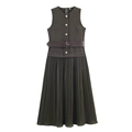 Dark green pleated midi dress with matching belt and gold button details, flat lay view - XS / Army Green