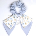 Light blue satin floral bow scrunchie with elegant long ribbons on a display card - Single Ribbon / Blue