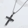 Polished silver titanium steel cross necklace with eleven inlaid black round gemstones - Black (N0171-2)