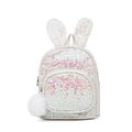 Mini backpack for kids with white sequins, cute rabbit ears, and a soft fluffy pom pom - White