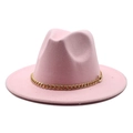 Pink wide brim wool fedora hat with gold chain accent for men and women stylish flat brim - M (56-58cm) / Pink