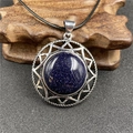 Blue sandstone hexagram pendant necklace with silver hollow frame on wood base - Blue Sand Stone (Synthetic)