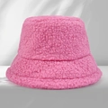 Stylish pink faux shearling bucket hat with a warm textured fleece finish for winter - One Size / Rose Red