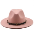 Pink wide-brimmed fedora hat with turquoise ethnic beaded band for men and women - Flesh Pink