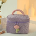 Purple corduroy cosmetic bag with pink handle and plush flower zipper charm - Square Bag / Purple