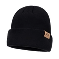 Classic black knitted beanie with a brown leather patch featuring a mountain logo - Black
