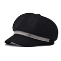Black wool newsboy hat for women with luxury sparkling rhinestone trim in 45-degree view - M (56-58cm) / Black