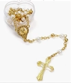 Rosaire en perles blanches avec croix dorée dans une boîte de rangement transparente en cœur - Or/Boîte Coeur