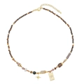 Tiger eye beaded necklace with star and rectangular charms in brown and gold tones - Star Geometric Pendant Patchwork Style (XL-900J)