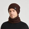 Winter thermal knit beanie and scarf set in dark brown with cozy fleece lining - Coffee