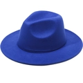 Detailed view of the royal blue felt fedora hat with wide brim and creased crown - Plain Flat Brim Without Rope / Sapphire Blue