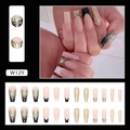 Long coffin press-on nails with black French tips and champagne gold glitter accents - Bling Gold Edge (W129)