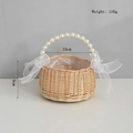 Detail of woven flower basket with pearl handle, chiffon bows, and size dimensions - Full Pearl Handle Style / Medium