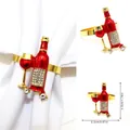 Golden wine bottle and glass napkin ring with red enamel and shimmering rhinestones - Wine Bottle Glass Style 121