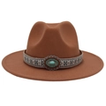 Brown wool felt fedora with ethnic embroidery and turquoise stone accessory - M (56-58cm) / Khaki