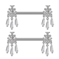 Gros plan d'anneaux de mamelon argentés avec motif floral et glands en cristal - Frange de Fleur Argent