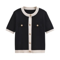 Elegant black and white contrast knit cardigan with gold buttons and short sleeves - S / Black