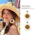 Ethnic sunflower woven earrings with large pearl and sparkling crystal drop charms - 2# Gold White Brown Round