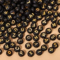 DIY black round acrylic alphabet beads with gold letters for jewelry making craft projects - 4x7mm Black With Gold Letters (100pcs)