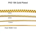 Comparison of 1mm to 3mm 18K gold plated stainless steel box chains showing various widths - 1.5mm / 18K Gold