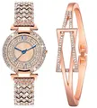 Πολυτελές γυναικείο ρολόι rose gold και βραχιόλι με στρας και ρωμαϊκούς αριθμούς σε σετ - Ροζ Χρυσό + Βραχιόλι