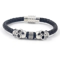 Men's punk woven leather bracelet with silver skull beads and magnetic buckle clasp - Black