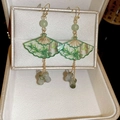 Detailed close-up of Chinese fan earrings with bamboo pattern and green beads - Green Fan Bamboo Knot Ear Hook