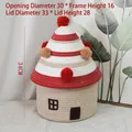 Handwoven cotton rope storage basket in house shape with red and white pom-poms - Red Pom Pom Small House (30*34)