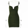 Detail of dark green bodycon dress featuring pleated texture and sexy low-cut V-neckline - S / Dark Green