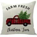Beige linen Christmas pillowcase with red plaid truck hauling festive trees - A17