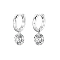 Macro detail of S925 sterling silver hoop earrings featuring round cut moissanite pendants - E13909 Single Stone Dangle With GRA Certificate