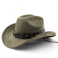 Olive green suede western cowboy hat with brown leather band and bull head metal studs - M (56-58cm) / Army Green