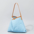 Light blue woven tote bag with brown leather straps and metal rivets decoration - 42*10*32cm / Dark Blue