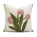 Modern Nordic beige pillow cover with pink tulip floral embroidery and green piping - 45*45cm [Cover Only] / Embroidered Tulip