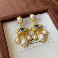 Vintage gold evil eye earrings with blue stones and dangling white water drop pearls - 58# Silver Needle - Fireworks Pearl Stud