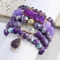 Bohemian purple beaded bracelet set with amethyst druzy and crystal charms - Dark Violet