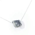 Detailed view of irregular grey raw crystal pendant with natural texture on silver chain - Flash Stone (Labradorite)