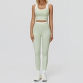 Light green and white contrast yoga set with high waist leggings and ribbed sports top - S / Top And Bottom (Tank Top + Long Pants) / Mint Green